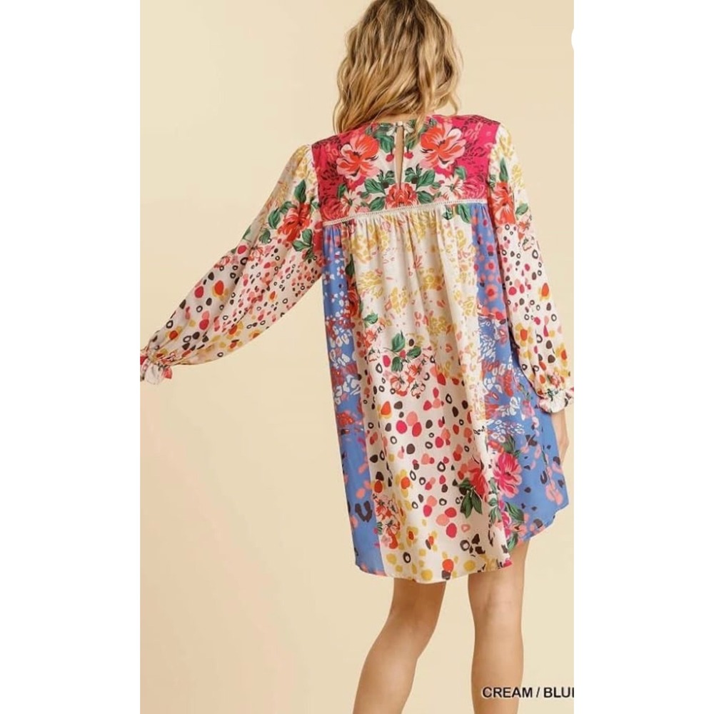 Umgee USA Mixed Floral Leopard Print Boho Shift Dress 2XL WC2478 Pink Blue - Picture 2 of 10